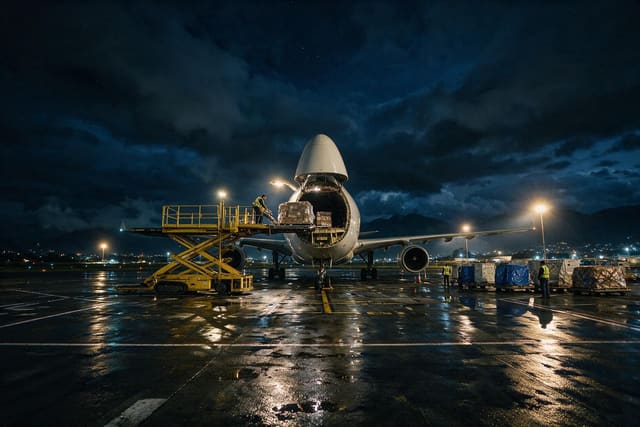 Carga aérea siendo embarcada de noche en la plataforma, con la cordillera al fondo